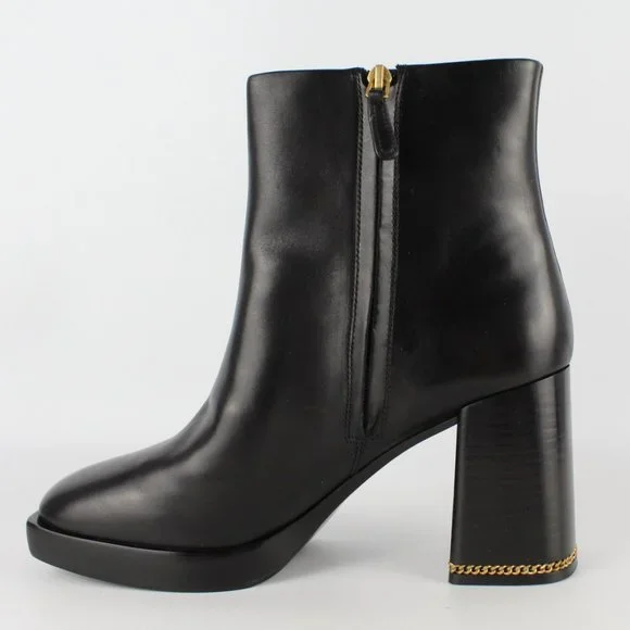 New TORY BURCH High Heel Leather Booties- Ankle Boots with Chain Accent